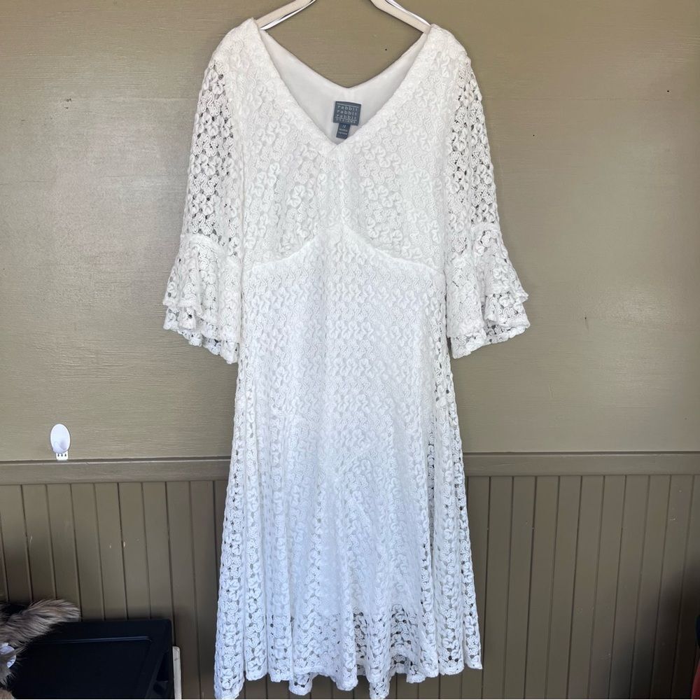 Rabbit Rabbit Rabbit White Crochet Overlay Bell Sleeve Wedding Season Dress 12